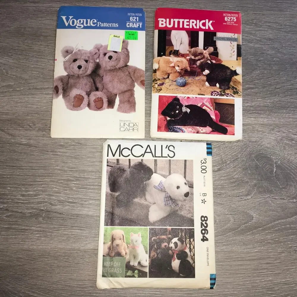 *Lot of 3* Sewing Patterns Bundle Stuffed Animals Bear Cat Dog Seal UNCUT Lovee